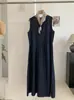 Kekezoon Vestido Jeans Soltinho Fino Sem Mangas Vestido Regata Emagrecedor com Lenço de Seda Saia Longa Foto Real 7672