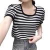 Verano Nuevo Diseño Sentido Raya Horizontal Ajustado Adelgazante Manga Corta Elegante Cuello Redondo Camisa Tejida Camiseta Top Base para Mujer