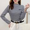 Camisa listrada de fundo para as mulheres outono e inverno estilo ocidental elegante interior meia gola tartaruga forrado quente slim top moda