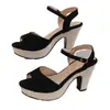 Sandalias de tacón alto de estilo nuevo transfronterizo, estilo europeo y americano, talla grande, punta redonda, color liso, punta abierta, de una tira, con tira de hebilla