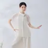 Nova Blusa de Dança com Pregas Sanfonadas Estilo Chinês Feminina Gola Assimétrica Solta Fina Texturizada Manga Curta Camisa para Prática de Dança Clássica