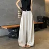 Pantalones casuales rectos de lino blanco para mujer, nuevo estilo de verano, de cintura alta, holgados, adelgazantes, fluidos, estilo casual, pantalones de pierna ancha de algodón y lino