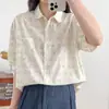 Camisa Gola Boneca para Mulheres Verão Estilo Coreano e Japonês Solta Estilo Harajuku Pintura a Óleo Graffiti Bolso Manga Curta Top Camisa