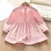 Vestido infantil, vestido chemise, vestido de manga comprida para bebê menina, gola de renda estilosa, primavera e outono 2021, estilo coreano para meninas pequenas