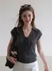 Top corto de verano para mujer, tejido de manga corta, con cordones en V, hueco, estilo coreano, entallado en la cintura, adelgazante, sin mangas, de seda helada 10620