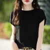 Top de verano para mujer de punto fino con cuello redondo, borde enrollado, manga corta, ligero, transpirable, adelgazante, versátil, simple, camiseta base de punto moderna