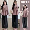 Conjunto de Dos Piezas para Maternidad de Otoño/Invierno 2026, Elegante, en Capas, Rosa: Top Base + Camisola + Pantalones Cortos