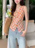 Conjunto de Estilo Vacaciones de Verano: Top sin mangas de cuadros con lazada retorcida para mujer, Nuevo diseño de verano, Camiseta sin mangas única para usar como prenda exterior
