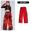 Traje de Baile de Jazz para Niñas Pantalones de Cuero Negros y Rojos con Lentejuelas que Muestran el Ombligo Traje de Baile Chica de Jazz Hip-Hop Disfraz de Performance para el Día de Año Nuevo