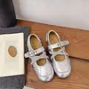 Sapatos Baixos Prateados Estilo Ballet, Boca Rasa, de Bico Redondo para Mulheres, Lançamento Primavera/Verão 2026, Sapatos Mary Jane de Couro com Solado Macio, Mocassins