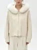 Suéter con Capucha y Cuello Grande de Piel Estilo Coreano Otoño/Invierno para Mujer Cardigan de Punto Trenzado con Cremallera Sudadera con Capucha de Temperamento Holgada Adelgazante