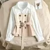 Blusas de outono para mulheres petite, gola polo patchwork, estilo Chanel irregular, versátil e fashion, com design que afina a cintura, camisa de manga longa