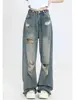 Sentido del Diseño Jeans Rotos de Nicho para Mujer Verano Nuevo Estilo Americano High Street Cintura Alta Pantalones Rectos Adelgazantes para Mujer