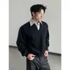 Sudadera de dos piezas falsa de fábrica con cuello en V, manga corta, ancha y cuadrada para hombre y mujer, ropa de trabajo retro de alto conocimiento, versátil, casual, de manga larga, para usar como base