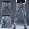 Jeans outono e inverno masculino pé pequeno forrado com fleece nova moda stretch cinza casual calça comprida