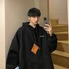 Suéter com capuz masculino primavera e outono marca de moda ins high street casaco solto estilo retrô americano bf lazy com forro de fleece vintage