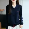 Cardigan de Punto con Solapa de Lana Peinada Nuevo Otoño 2025 Manga Larga Cremallera Doble Bordado Cordón Superior Chaqueta