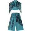 Nova Roupa de Performance Nacional Estilo Chinês para Meninas, Camisa Azul Estampada Bordada, Calça de Perna Larga, Traje de Performance de Dança