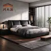 Cama Matrimonial Minimalista Moderna Tapizada en Piel Estilo Italiano Nuevo Habitación Principal Doble Cama Grande Piel Nappa Cama Sencilla Negra Gama Alta