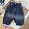 Inverno Coreia do Sul infantil composto peça única jeans de veludo meninos e meninas elástico macio calças jeans calças quentes
