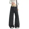 Pantalones casuales a cuadros de diseño retro americano de doble pretina para hombres y mujeres, pantalones holgados de pierna ancha hasta el suelo con cordón