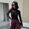 Camisa de Encaje con Cuello Redondo Estilo Nuevo Primavera y Otoño para Mujer Estilo Coreano Ajustada Delgado Talla Grande Camiseta Base de Malla Camiseta