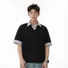 Camisa polo xadrez casual com efeito de duas peças, top masculino de manga curta, camiseta de verão moderna estilo americano de caimento solto para adolescentes