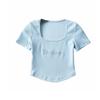 Moda Retro Europea y Americana Cuello Cuadrado Bordado de Letras Huesos de la Clavícula Expuestos Manga Corta Camiseta Color Sólido Ajustada Cintura Alta Crop Top