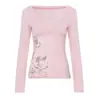 Top Ajustado de Cuello en V Cruzado con Estampado Floral Retro Otoño Nuevo Elegante Ajustado de Manga Larga Camiseta Básica para Mujer