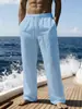 Calça de Linho Masculina de Cor Sólida com Cintura Elástica e Cordão, Perna Larga, Solta, Respirável, para Férias, Casual, Praia - Marca Independente Transfronteiriça