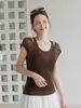 Camiseta de Manga Corta para Mujer, Estilo Americano, Falso Dos Piezas, Cuello en V, Color Merade, Nueva Llegada de Verano, Diseño de Nicho, Ajuste Ceñido