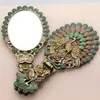 Espejo de Maquillaje Ruso de Mesa Princesa Mango Portátil Espejo Plegable de Mano Vintage Pavo Real Imitación Cobre Espejo de Belleza