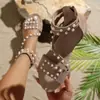 Sandalias Sencillas Decoradas con Perlas para Mujer, Zapatos Romanos Estilo Retro con Correas Versátiles en el Tobillo y Suelas Planas