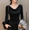 Nueva Camiseta Negra de Manga Media y Manga Larga para Mujer 2026, Ropa de Verano con Diseño de Cuello Amplio, Top Off-Shoulder para Verano-Otoño, Camiseta Básica