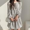 Vestido Feminino de Moda Dongdaemun Coreano 2026 Primavera e Outono Novo Estilo com Amarração na Cintura Solto Floral Manga Longa