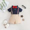 Traje de Cavalheiro Estilo Coreano para Meninos de Verão, Top Polo com Gola Lapela para Bebê Menino, Shorts com Suspensórios, Conjunto de Três Peças, Roupa Infantil