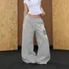 Calça casual retro de letras com contas estilo europeu e americano para mulheres, corte solto, perna reta, moda high-street, calça esportiva da moda