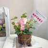 Día del Maestro y Día de San Valentín Nuevo Adorno de Planta en Maceta de Tocón de Árbol de Girasol y Rosa Tejido a Mano con Hilo Regalo