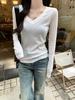 Camiseta básica informal de 230 g con tiras para mujer, primavera y otoño 2024, cuello en V, fina, moderna, ajustada, corta, de manga larga