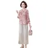 Top nuevo de manga media estilo chino de verano para madres, popular conjunto de dos piezas de cárdigan estampado holgado de talla grande para mujeres de mediana edad y mayores