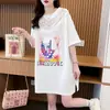 Tamanho Plus Size Feminino Menina Cheinha Estilosa Redutora de Idade Costura de Renda Algodão Puro Manga Curta Camiseta Feminina Verão Solta Chique Top