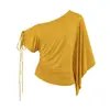 Atacado de roupas femininas transfronteiriças outono 2026 top assimétrico puro desejo ombro a ombro com design de cordão camiseta de manga curta ombro a ombro