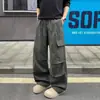 Pantalones Cargo Rectos Desgastados de Calle Americana para Hombre con Múltiples Bolsillos de Algodón Puro Lavado Pantalones Casuales para Hombre Pantalones de Paracaidista de Hoja Curva