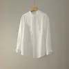 Nueva camisa de lino-tencel estilo chino con cuello mao, manga larga, otoño, vintage, elegante, estilo old money con bolsillo, camisa versátil para hombres y mujeres