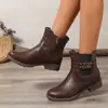 Botas Martin con Hebilla Metálica para Mujer, Botas Vaqueras Retro que Aumentan la Altura, Punta Redonda, Cierre Lateral, Botas Vaqueras Versátiles de Tacón Medio