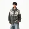 Casaco Suéter de Lapela com Botão de Chifre Fair Isle Masculino Feminino Design de Inverno Bloco de Cores Cardigã Jaqueta de Tricô Espessa