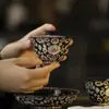 Tazón Negro de Cerámica con Tapa Dinastías Tang y Song Juego de Té Kung Fu con Incrustaciones de Oro y Plata, Diseño Floral Completo, Tazón de Té Esmaltado para el Hogar
