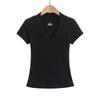 Camiseta de manga corta con escote en V y hombros descubiertos para mujer, estilo Spice Girl, de color liso, ajustada y adelgazante, primavera/verano 2025