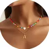 Colar com Pingente de 26 Letras Europeu e Americano Novo Corrente de Clavícula Camada Pedra Natural Coração Combinação de Cores Dopamina Colar de Contas