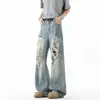 Jeans rasgado de verão da moda, de perna larga e estampado, para homens, corte reto, caimento solto, calça casual com um estilo bacana e descontraído